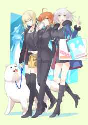 Rule 34 | ahoge, artoria pendragon (all), artoria pendragon (fate), bag, black dress, black jacket, black ribbon, blonde hair, blue jacket, boots, burger, casual, cavall the 2nd, coat, coffee cup, cup, disposable cup, dog, dress, drinking, fate/grand order, fate (series), food, formal, fujimaru ritsuka (female), fujimaru ritsuka (female) (royal brand), full body, fur-trimmed coat, fur-trimmed jacket, fur-trimmed sleeves, fur collar, fur trim, girl sandwich, halyou, holding, holding cup, jacket, jeanne d&#039;arc (fate), jeanne d&#039;arc alter (fate), jeanne d&#039;arc alter (ver. shinjuku 1999) (fate), jewelry, knee boots, leash, low ponytail, necklace, necktie, official alternate costume, open clothes, open coat, open jacket, orange hair, pant suit, pants, paper bag, ponytail, ribbon, saber alter, saber alter (ver. shinjuku 1999) (fate), sandwiched, shopping bag, short dress, shorts, smile, suit, thigh boots, thighhighs, wicked dragon witch ver. shinjuku 1999, yellow eyes, zettai ryouiki