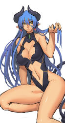 Rule 34 | 1girl, astaroth (shinrabanshou), blue hair, breasts, center opening, cleavage cutout, clothing cutout, demon girl, ruffling hair, horns, large breasts, long hair, navel, one-piece swimsuit, pointy ears, ran&#039;ou (tamago no kimi), shinrabanshou, solo, demon girl, swimsuit, tail, thighs, wide hips, yellow eyes