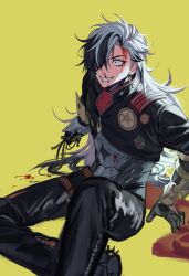 Rule 34 | 1boy, black hair, blood, blood on face, boothill (honkai: star rail), earrings, gaechu, grin, hair over one eye, highres, honkai: star rail, honkai (series), jewelry, long hair, male focus, multicolored hair, on ground, pants, smile, solo, split-color hair, white hair, wide-eyed, yellow background