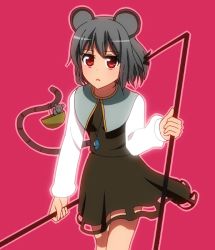 Rule 34 | 1girl, animal ears, anime coloring, bad id, bad pixiv id, basket, blush, capelet, dowsing rod, dress, grey hair, jewelry, long sleeves, looking at viewer, mikomiko (mikomikosu), mouse (animal), mouse ears, mouse tail, nazrin, pendant, red eyes, shirt, short hair, simple background, skirt, skirt set, solo, tail, touhou, white shirt