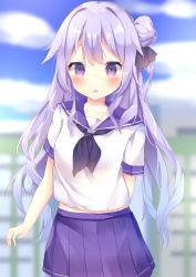 Rule 34 | 1girl, absurdres, alternate costume, azur lane, bad id, bad pixiv id, black neckwear, black ribbon, blue sky, blurry, blurry background, blush, cloud, commentary request, day, depth of field, fingernails, hair between eyes, hair bun, hair ribbon, highres, jewelry, long hair, looking at viewer, necklace, one side up, outdoors, parted lips, pleated skirt, purple eyes, purple hair, purple sailor collar, purple skirt, ribbon, sailor collar, school uniform, serafuku, shirt, short sleeves, side bun, single hair bun, single side bun, skirt, sky, solo, tsuruse, unicorn (azur lane), very long hair, white shirt