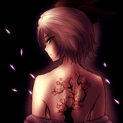 Rule 34 | 1girl, back, back focus, back tattoo, backboob, bare shoulders, black background, black ribbon, breasts, cherry blossoms, from behind, green eyes, hair ribbon, konpaku youmu, looking at viewer, looking back, miata (miata8674), no bra, no shirt, off shoulder, partially undressed, petals, profile, ribbon, robe, robe slip, serious, short hair, simple background, small breasts, solo, tattoo, touhou, tree, upper body, white hair