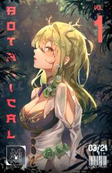 Rule 34 | 1girl, antlers, blush, braid, branch, breasts, ceres fauna, ceres fauna (1st costume), cleavage, cover, eyelashes, eyeliner, flower, forest, from side, green hair, hair between eyes, hair flower, hair ornament, highres, hololive, hololive english, horns, koromay ho, large breasts, long hair, looking at viewer, loose hair strand, magazine cover, makeup, messy hair, multicolored hair, nature, plant, rose, smile, solo, text background, virtual youtuber, yellow eyes