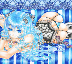 Rule 34 | 1girl, ass, bad id, bad pixiv id, blue eyes, blue hair, bracelet, breasts, butt crack, condom, condom packet strip, condom wrapper, fingernails, g-string, hatsune miku, highres, jewelry, large breasts, long fingernails, long hair, marker (medium), matching hair/eyes, millipen (medium), nail polish, necklace, no bra, no pants, panties, sharp fingernails, smile, solo, striped, striped background, tattoo, thong, topless, traditional media, underwear, vertical stripes, vocaloid, yamin