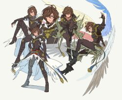 Rule 34 | 1boy, ahoge, antenna hair, arm on knee, armor, bishounen, black shirt, blue wings, boots, breastplate, brown hair, cape, evil smile, expressionless, expressions, fighting stance, fingerless gloves, flat color, gloves, granblue fantasy, hair between eyes, high heel boots, high heels, highres, hip armor, hood, hood down, knees to chest, looking at viewer, looking to the side, male focus, messy hair, multiple views, pantyhose, red eyes, sandalphon (granblue fantasy), shirt, sitting, sketch, smile, smirk, standing, wahoosandalphon, white background, white cape, white wings, wings