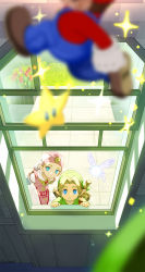 Rule 34 | 1boy, 1girl, blonde hair, blue eyes, blush, braid, crossover, dress, earrings, green eyes, hair ornament, hat, highres, jewelry, link, long hair, looking at viewer, mario, mario (series), nintendo, open mouth, overalls, pointy ears, super star (mario), princess zelda, short hair, smile, sukekiyo021, super mario 64, super star (mario), the legend of zelda, the legend of zelda: ocarina of time, young link, young zelda