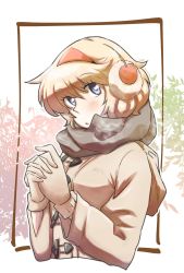 Rule 34 | 1girl, alice margatroid, alternate costume, bad id, bad twitter id, blonde hair, blue eyes, blush, character name, coat, cropped torso, earmuffs, gloves, hairband, highres, non (z-art), open mouth, scarf, short hair, solo, text focus, touhou, winter clothes