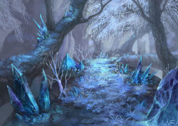 Rule 34 | blue theme, crystal, fantasy, floating, fog, forest, grass, nature, no humans, original, outdoors, path, pippi (pixiv 1922055), road, scenery, snowing, tree, winter