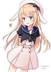 Rule 34 | 1girl, animal ears, arms behind back, blonde hair, blue eyes, blue sailor collar, cowboy shot, dress, fathom, hat, highres, index finger raised, jervis (kancolle), kantai collection, kemonomimi mode, long hair, open mouth, rabbit ears, rabbit tail, sailor collar, sailor dress, sailor hat, solo, standing, tail, twitter username, upper body, white background, white dress, white hat