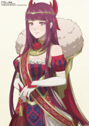 Rule 34 | 1girl, absurdres, alternate costume, artist name, breasts, cape, character name, circlet, cleavage, commission, crown, detached sleeves, elbow gloves, female focus, fire emblem, fire emblem engage, flower brooch, fur-trimmed cape, fur trim, gloves, gold trim, highres, ivy (fire emblem), long hair, looking at viewer, matching hair/eyes, medium breasts, mole, mole under mouth, nintendo, purple eyes, purple hair, red sash, sash, smile, solo, tak0baka, very long hair, white background, white gloves