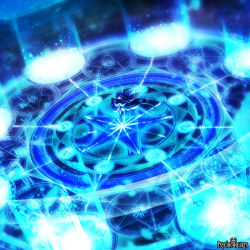 Rule 34 | 1girl, blue cape, blue hair, blue theme, cape, copyright name, dennryuurai, closed eyes, floating hair, full body, glowing, light particles, long hair, magic circle, mars symbol, psychic hearts, solo, standing, star (symbol), venus symbol, very long hair