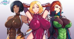 Rule 34 | 3girls, abs, absurdres, alex (totally spies), armpits, arms behind back, arms behind head, arms up, bare shoulders, black coat, black hair, blonde hair, blue eyes, bodystocking, breasts, clover (totally spies), coat, collarbone, covered abs, covered collarbone, covered erect nipples, covered navel, dark-skinned female, dark skin, elbow gloves, forehead, gauntlets, gloves, gradient background, green eyes, hand on own hip, hands on own hips, high collar, highleg, highleg leotard, highres, hip vent, huge breasts, large breasts, leotard, linea alba, long hair, looking at viewer, medium hair, multiple girls, nachtness, parted bangs, puffy areolae, puffy nipples, red hair, sam (totally spies), shiny clothes, shiny skin, short hair, sidelocks, simple background, standing, taimanin (series), taimanin suit, tight clothes, totally spies, white background, yellow eyes