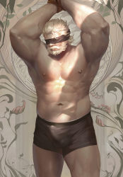 Rule 34 | 1boy, abs, bara, beard, black male underwear, blindfold, bound, bound wrists, boxers, bulge, erection, erection under clothes, facial hair, feet out of frame, large pectorals, luerstine, male focus, male underwear, mature male, muscular, muscular male, navel, navel hair, nipples, old, old man, overwatch, overwatch 1, pectorals, reinhardt (overwatch), rope, scar, scar across eye, short hair, solo, standing, stomach, thick thighs, thighs, topless male, underwear, underwear only, white hair