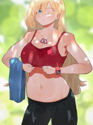 Rule 34 | &gt; o, 1girl, bare arms, blonde hair, blue eyes, blurry, blurry background, breasts, cleavage, closed mouth, crop top, depth of field, dog tags, hair between eyes, large breasts, leggings, long hair, looking at viewer, miami-chan (ryusei hashida), midriff, navel, one eye closed, original, red tank top, ryusei hashida, solo, sweat, tank top, towel, watch, wristwatch
