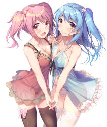 Rule 34 | 10s, 2girls, :d, absurdres, asymmetrical docking, babydoll, bang dream!, black legwear, black neckwear, blue babydoll, blue hair, blush, bow, breast press, breasts, cameltoe, cleavage, collarbone, flower, frilled babydoll, frills, hair flower, hair ornament, highres, holding hands, lace, lace-trimmed legwear, lace trim, large breasts, long hair, looking at viewer, maruyama aya, matsubara kanon, medium breasts, multiple girls, nasudora, neck ribbon, one side up, open mouth, panties, pink bow, pink eyes, pink hair, purple eyes, red babydoll, ribbon, see-through, side ponytail, simple background, smile, standing, thighhighs, twintails, underwear, wavy mouth, white background, white legwear, white panties