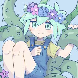 Rule 34 | 1boy, basil (headspace) (omori), basil (omori), blue overalls, blush, closed mouth, flower, green eyes, green hair, green shirt, head wreath, knees up, looking at viewer, omori, overall shorts, overalls, plant, shirt, short hair, short sleeves, smile, solo, sr ld fr, thorns, vines
