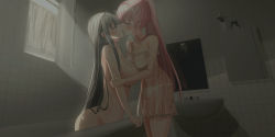 Rule 34 | 2girls, absurdres, ahoge, bare arms, bare shoulders, bath, bathtub, blush, breasts, chihuri, cleavage, commentary request, curtains, dress, closed eyes, faucet, french kiss, frilled dress, frills, grey hair, highres, indoors, kiss, large breasts, long hair, medium breasts, mirror, multiple girls, nude, original, panties, pink hair, ponytail, profile, see-through, sink, sleeveless, sleeveless dress, strap slip, tile wall, tiles, underwear, very long hair, white dress, white panties, window, yana (chihuri), yuri, zoya petrovna vecheslova