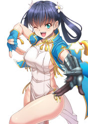 Rule 34 | 1girl, bare legs, black hair, blue eyes, blush, breasts, chinese clothes, commentary request, cowboy shot, eyelashes, fighting stance, fingerless gloves, gauntlets, gloves, hair rings, hand gesture, highres, jacket, large breasts, leg up, looking at viewer, meilin chen, no panties, one eye closed, open mouth, pelvic curtain, rusty hearts, shiny skin, short sleeves, sideboob, simple background, solo, standing, standing on one leg, star-shaped pupils, star (symbol), symbol-shaped pupils, syunzou, tassel, teeth, white background