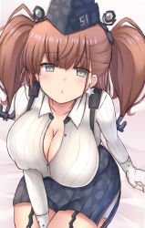 Rule 34 | 1girl, atlanta (kancolle), black skirt, breasts, brown hair, cleavage, clothes writing, cowboy shot, earrings, garrison cap, grey eyes, grey skirt, hat, jewelry, kantai collection, large breasts, long sleeves, looking at viewer, piyobomu, pleated skirt, shirt, sitting, skirt, solo, star (symbol), star earrings, suspender skirt, suspenders, two side up, white shirt