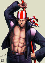 Rule 34 | 1boy, abs, bandana, belt buckle, billy kane, blue eyes, buckle, dated, highres, jacket, makeinu, male focus, muscular, navel, open clothes, open jacket, snk, solo, staff, the king of fighters, topless male, unzipped