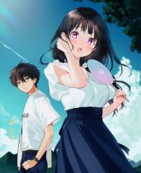 Rule 34 | 1boy, 1girl, belt, black hair, blue sky, blush, breasts, brown belt, brown hair, chitanda eru, clear sky, cloud, commentary request, day, denim, from side, green eyes, hair between eyes, hand fan, highres, holding, holding fan, hyouka, jeans, jewelry, light, long hair, looking at viewer, medium breasts, mery (yangmalgage), open mouth, oreki houtarou, outdoors, pants, parted lips, purple eyes, shirt, short sleeves, skirt, sky, smile, sun, t-shirt, tree, upper body, watch, white shirt, wristwatch