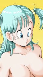 Rule 34 | 1girl, blue eyes, blue hair, blush, breasts, bulma, cleavage, dragon ball, highres, large breasts, out-of-frame censoring, simple background, solo, sweatdrop, tagme, topless, wardrobe malfunction, young jijii