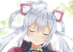 Rule 34 | 1girl, ahoge, blush, closed eyes, closed mouth, commentary request, facing viewer, hair between eyes, hair ornament, hair rings, head tilt, jacket, long hair, matoi (pso2), milkpanda, phantasy star, phantasy star online 2, portrait, red jacket, silver hair, smile, solo, twintails