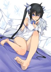 Rule 34 | 10s, 1girl, arm ribbon, bare shoulders, barefoot, bed, bed sheet, black hair, blue eyes, blush, bow, breasts, character doll, cleavage, cleavage cutout, clothing cutout, dress, dungeon ni deai wo motomeru no wa machigatteiru darou ka, dutch angle, feet, female focus, foot focus, fu-ta, gloves, hair ornament, hair ribbon, hestia (danmachi), large breasts, legs, long hair, looking at viewer, on bed, pillow, rei no himo, ribbon, short dress, sitting, sleeveless, sleeveless dress, solo, toe scrunch, toes, twintails, uneven eyes, white dress, white gloves
