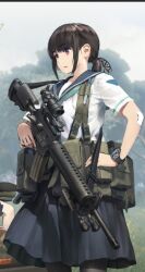 Rule 34 | 1girl, black hair, black pantyhose, black sailor collar, black skirt, blurry, blurry background, commentary, cowboy shot, day, depth of field, gun, hand on own hip, holding, holding gun, holding weapon, long hair, looking away, low ponytail, m16, m16a2, original, outdoors, pantyhose, parted lips, pleated skirt, ponytail, red eyes, redrawn, sailor collar, scope, shirt, short sleeves, sidelocks, skirt, solo, tanto (tc1995), weapon, weapon request, white shirt