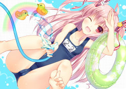 Rule 34 | 1girl, ;d, ahoge, barefoot, bekotarou, cameltoe, fang, feet, hose, innertube, long hair, one-piece swimsuit, one eye closed, open mouth, original, pink eyes, pink hair, rubber duck, school swimsuit, smile, solo, swim ring, swimsuit, toes, twintails, two side up, water, wink