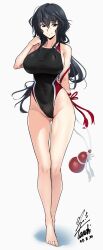 absurdres alcohol black_hair black_one-piece_swimsuit breasts competition_swimsuit covered_navel gourd highleg highleg_one-piece_swimsuit highres holding holding_gourd large_breasts long_hair looking_at_viewer maji_de_watashi_ni_koi_shinasai! messy_hair musashibou_benkei one-piece_swimsuit purple_eyes red_one-piece_swimsuit sake swimsuit two-tone_swimsuit white_one-piece_swimsuit yoo_tenchi