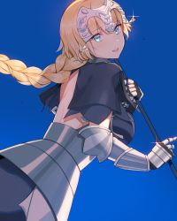 Rule 34 | 1girl, armor, blonde hair, blue capelet, blue eyes, capelet, diadem, fate/apocrypha, fate (series), floating hair, from behind, from side, gauntlets, glint, hona (pixiv7939518), jeanne d&#039;arc (fate), jeanne d&#039;arc (ruler) (fate), long hair, looking at viewer, looking back, ponytail, smile, solo, standing