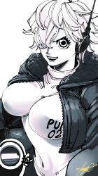 Rule 34 | 1girl, black jacket, bodysuit, earpiece, greyscale, hair over one eye, highres, jacket, leather, leather jacket, looking at viewer, monochrome, one eye covered, one piece, open clothes, open jacket, open mouth, short hair, signature, simple background, smile, solo, taoru (taoru0239), teeth, vegapunk lilith, white background