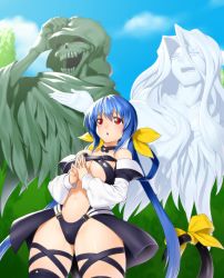 Rule 34 | 1girl, arc system works, asymmetrical wings, bare shoulders, blue hair, blue sky, blush, bow, breasts, choker, cleavage, cloud, day, dizzy (guilty gear), guilty gear, guilty gear x, guilty gear xx, hair bow, hand on own head, highres, large breasts, laughing, long hair, navel, necro (guilty gear), onsoku inu, open mouth, red eyes, ribbon, skull, sky, smile, solo, tail, tail ornament, tail ribbon, teeth, thighhighs, twintails, underboob, undine (guilty gear), wings