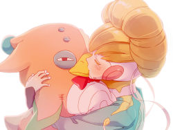 Rule 34 | 10s, 1girl, adelie (space dandy), bad id, bad pixiv id, blonde hair, closed eyes, colored eyelashes, kiss, maguro (ma-glo), simple background, solo, space dandy, stuffed animal, stuffed penguin, stuffed toy, white background