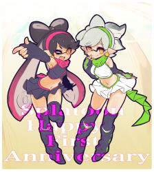 Rule 34 | + +, 2girls, alternate costume, alternate headwear, anniversary, bad id, bad pixiv id, black footwear, black gloves, black hair, black shirt, black skirt, boots, brown eyes, callie (splatoon), conomi-c5, copyright name, earrings, english text, fangs, fingerless gloves, full body, gloves, grey hair, hairband, hand to own mouth, inkling, jewelry, long hair, looking at viewer, marie (splatoon), midriff, miniskirt, mole, mole under eye, multiple girls, navel, nintendo, one eye closed, open mouth, pleated skirt, pointing, pointing at viewer, pointy ears, shirt, short hair, simple background, skirt, sleeves rolled up, smile, splatoon (series), splatoon 1, standing, standing on one leg, tentacle hair, thigh boots, thighhighs, white background, white shirt, white skirt