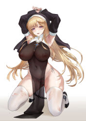 Rule 34 | 1girl, armpits, arms up, asymmetrical bangs, black footwear, black sleeves, blonde hair, breasts, chain, chained, chained wrists, commentary request, covered erect nipples, covered navel, cross, cross necklace, detached sleeves, habit, hei1905, highleg, highleg panties, highres, jewelry, kneeling, large breasts, long hair, looking at viewer, mole, mole under eye, necklace, nun, open mouth, original, panties, pelvic curtain, purple eyes, restrained, see-through, simple background, skindentation, solo, string panties, thighhighs, thighs, torn clothes, torn thighhighs, underwear, white background, white panties, white thighhighs