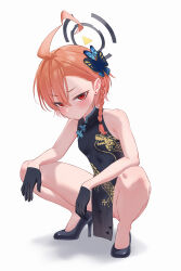 Rule 34 | 1girl, ahoge, armpit crease, bare legs, bare shoulders, black footwear, black gloves, blue archive, blush, braid, breasts, butterfly hair ornament, china dress, chinese clothes, closed mouth, commentary request, cosplay, dress, earrings, gloves, hair ornament, halo, high heels, highres, huge ahoge, jewelry, jfjf, kisaki (blue archive), kisaki (blue archive) (cosplay), looking at viewer, mole, mole under eye, neru (blue archive), off shoulder, orange hair, paid reward available, pelvic curtain, red eyes, short hair, simple background, sleeveless, sleeveless dress, small breasts, solo, squatting, striped, swept bangs, tsurime, white background