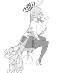 Rule 34 | 1girl, absurdly long hair, animal ears, ass, asuna (blue archive), blue archive, blush, bow, bowtie, breasts, cleavage, detached collar, elbow gloves, fake animal ears, fake tail, gloves, greyscale, hair over one eye, halo, high heels, highres, large breasts, leotard, long hair, looking at viewer, mole, mole on breast, monochrome, pantyhose, playboy bunny, rabbit ears, rabbit tail, simple background, solo, stool, strapless, strapless leotard, tail, very long hair, whoosaku