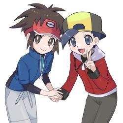 Rule 34 | 2boys, :d, backwards hat, bad id, bad twitter id, baseball cap, black hair, blue jacket, bright pupils, brown eyes, brown hair, commentary request, creatures (company), ethan (pokemon), game freak, grey eyes, grey pants, hand up, hat, highres, holding hands, jacket, leaning forward, looking at viewer, male focus, multiple boys, nate (pokemon), nintendo, open mouth, pants, pokemon, pokemon bw2, pokemon hgss, red headwear, red jacket, sana (37pisana), short hair, smile, v, visor cap, white background, white pupils, zipper pull tab