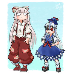 Rule 34 | 2girls, black footwear, blue dress, blue hair, bow, chamaji, collared dress, collared shirt, commentary request, dress, footwear bow, fujiwara no mokou, hair bow, hands on own hips, hat, height difference, kamishirasawa keine, long hair, long sleeves, multicolored hair, multiple girls, ofuda, ofuda on clothes, pants, puffy short sleeves, puffy sleeves, red bow, red eyes, red footwear, red pants, ribbon, shirt, shoes, short sleeves, sidelocks, signature, socks, suspenders, tokin hat, torn clothes, torn sleeves, touhou, two-tone hair, very long hair, white hair, white legwear, white shirt