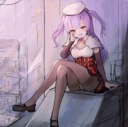 Rule 34 | 1girl, :d, ajax (azur lane), arm at side, azur lane, beret, black footwear, black pantyhose, blunt bangs, blush, breasts, capelet, cleavage, cleavage cutout, clothing cutout, crossed legs, detached sleeves, dorok, hair ornament, hairclip, hand on own cheek, hand on own face, hat, heart, heart-shaped pupils, high-waist skirt, highres, light purple hair, long sleeves, looking at viewer, mary janes, naughty face, neck ribbon, open mouth, panties, pantyhose, pantyshot, plaid, plaid skirt, red eyes, red skirt, ribbon, shoes, sitting, sketch, skirt, small breasts, smile, solo, symbol-shaped pupils, thighband pantyhose, two side up, underwear, white hat, yellow ribbon