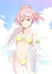 Rule 34 | 1girl, bikini, blue eyes, blue sky, collarbone, day, flat chest, floating hair, groin, hair between eyes, hair ornament, high ponytail, long hair, looking at viewer, mishiro (andante), navel, open clothes, open shirt, outdoors, pink hair, sara (tales), see-through, shirt, side-tie bikini bottom, sky, smile, solo, standing, swimsuit, tales of (series), tales of link, white shirt, yellow bikini
