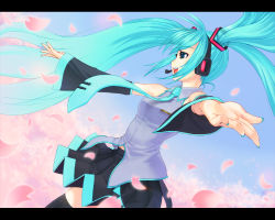 Rule 34 | 1girl, aqua hair, aqua nails, bad id, bad pixiv id, blue eyes, cherry blossoms, detached sleeves, hatsune miku, letterboxed, long hair, mishima yoshikatsu, nail polish, necktie, outstretched arms, petals, solo, thighhighs, twintails, vocaloid