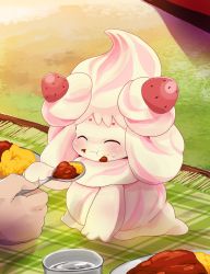 Rule 34 | ^ ^, alcremie, alcremie (strawberry sweet), alcremie (vanilla cream), closed eyes, creature, creatures (company), curry, curry rice, dagashi (daga2626), eating, food, fruit, game freak, gen 8 pokemon, highres, holding, holding spoon, nintendo, pokemon, pokemon (creature), rice, solo focus, spoon, strawberry