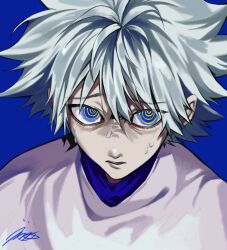 Rule 34 | 1boy, blue background, blue eyes, from above, hair between eyes, highres, hunter x hunter, killua zoldyck, looking at viewer, male focus, money health, nervous, shirt, short hair, signature, simple background, solo, sweatdrop, upper body, white hair, white shirt