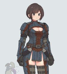 Rule 34 | 1girl, 1other, armor, belt, black eyes, black gloves, breasts, brown hair, check copyright, cleavage, commentary request, copyright request, cowboy shot, genso, gloves, grey background, highres, leg armor, medium breasts, monster hunter (series), original, short hair, shoulder armor, solo focus, standing, thighhighs