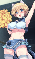 Rule 34 | 1girl, animal ears, arm up, armpits, bare shoulders, black necktie, blonde hair, blue eyes, blue panties, blue shirt, blue skirt, blue thighhighs, blush, brave witches, breasts, cheerleader, commentary request, cowboy shot, crop top, crop top overhang, frilled skirt, frills, furrowed brow, gluteal fold, highres, holding, holding pom poms, large breasts, looking at viewer, midriff, miniskirt, navel, necktie, nikka edvardine katajainen, null (nyanpyoun), open mouth, outstretched arm, panties, pantyshot, pom pom (cheerleading), pom poms, shirt, short hair, skirt, sleeveless, sleeveless shirt, solo, stomach, striped clothes, striped skirt, sweat, tail, thighhighs, thighs, underboob, underwear, variant set, vertical-striped clothes, vertical-striped skirt, very sweaty, weasel ears, weasel tail, world witches series