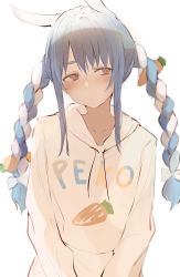 Rule 34 | 1girl, absurdres, alternate costume, animal ears, blue hair, blush, braid, carrot hair ornament, carrot print, closed mouth, commentary, cowboy shot, dogxfish, food-themed hair ornament, food print, hair between eyes, hair ornament, highres, hololive, hood, hoodie, light blue hair, long hair, long sleeves, looking away, looking to the side, multicolored hair, rabbit ears, red eyes, simple background, solo, thick eyebrows, twin braids, twintails, two-tone hair, usada pekora, virtual youtuber, white background, white hair, white hoodie
