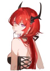 Rule 34 | 1girl, absurdres, arknights, bare shoulders, black dress, closed mouth, demon girl, demon horns, dress, halterneck, highres, horns, long hair, looking back, miyashitagutei, purple eyes, red hair, rosary, simple background, sleeveless, sleeveless dress, solo, surtr (arknights), white background